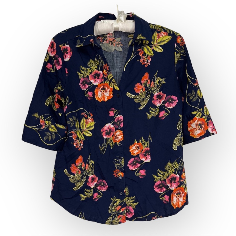 7th Avenue Design Studio New York & Co Floral Blouse Blue Button Down Cotton Sm